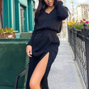 Herbst Winter 2021 Frauen Sexy Bodycon Split Strickkleid Weibliche Langarm Rollkragen Y2K Midi Kleid Club Party Pullover Kleid