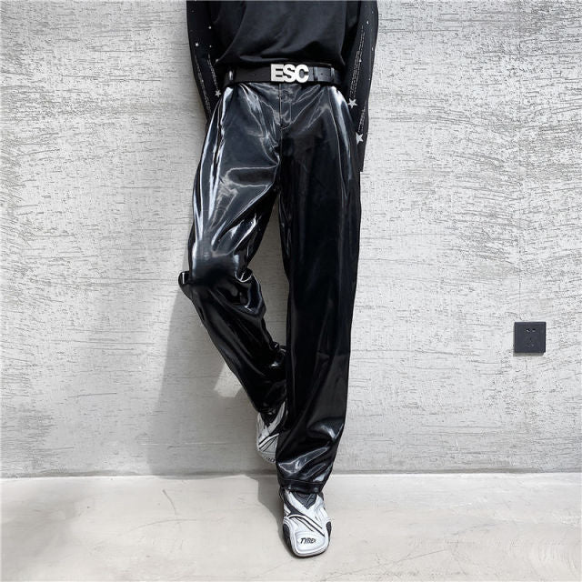 IEFB 2022 Spring new net trend personality streetwear bright PU leather trousers side tight waist loose casual pants men&