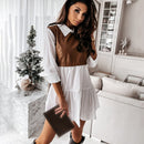 Beiläufiges langärmliges Mini-Hemdkleid für Frauen Weiß 2021 Frühling PU-Leder Patchwork Plaid Frau Kleider Kleidung Femme Robe
