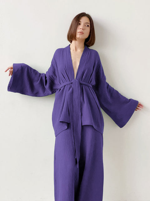 100% Baumwolle Damen Nachthemd Robe Pyjama Sets Flare Nachthemd Hosenanzüge Tropfenärmel Set Frau 2 Stück Bademantel für Frauen