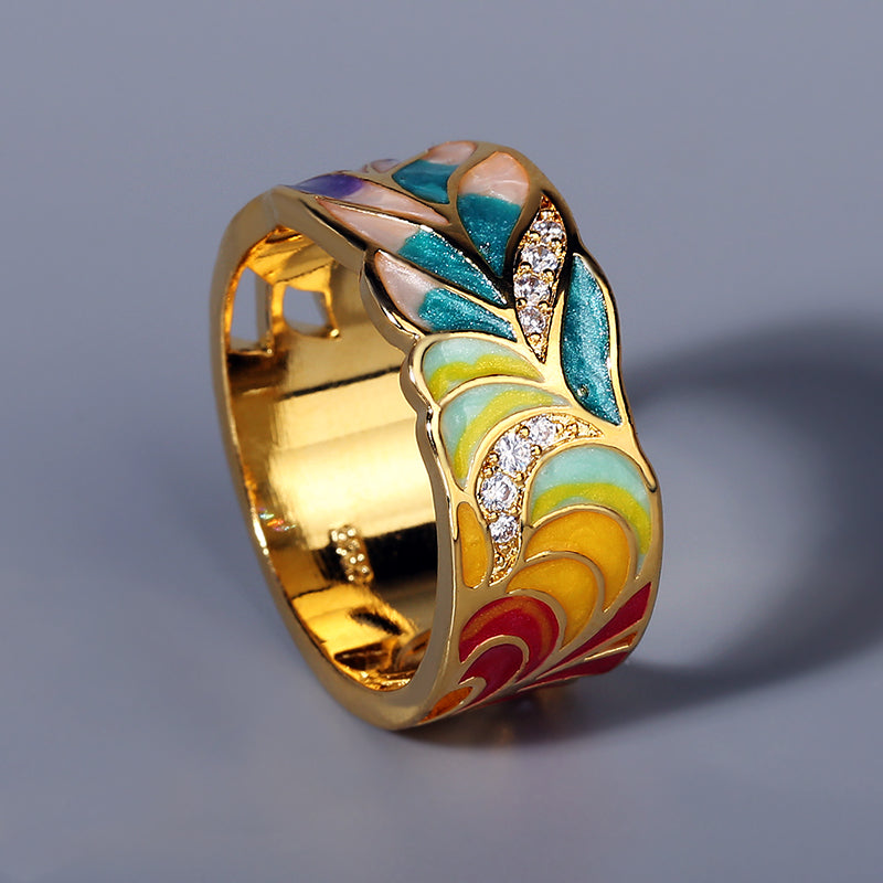 New Ladies Ring for Women 925 Sterling Silver Fashion Ring Golden Color Feather Zircon Ring Party Jewelry Enamel Handmade