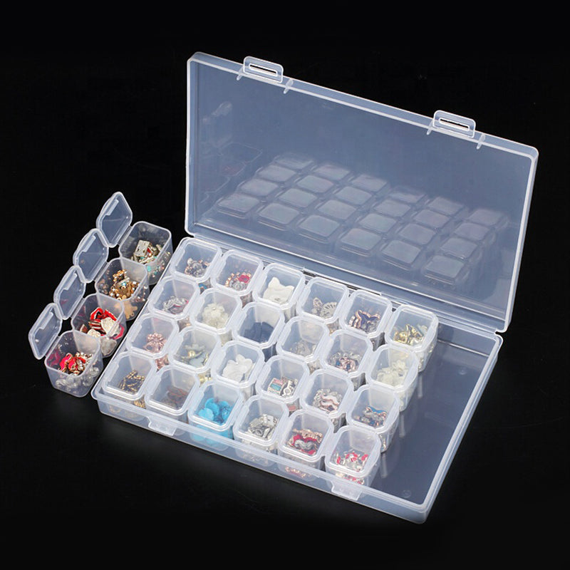 Caja de almacenamiento de plástico sellada con 28 rejillas, caja de pastillas extraíble para higiene semanal portátil, accesorios para decoración de uñas, organizador de joyas de diamantes