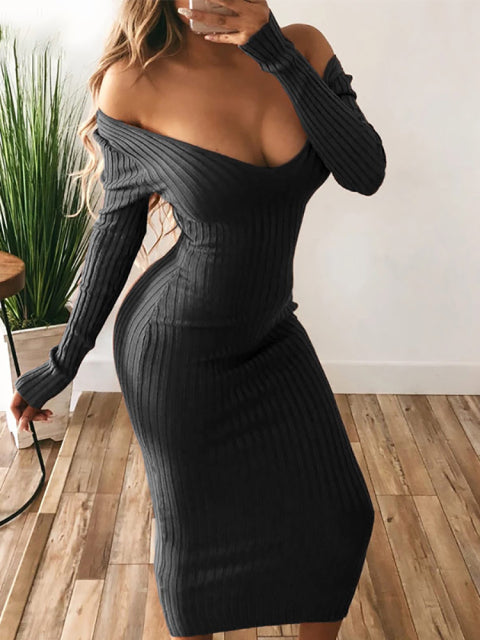 Forefair Winter Sexy Bodycon Midi Woman Dress Knitted Long Sleeve V Neck Party Elegant Robe Women&