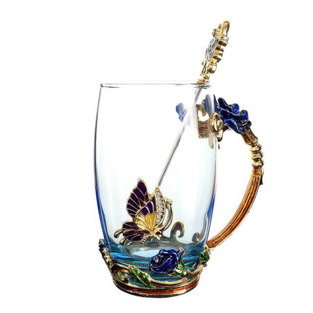 Blaue Rose, Emaille-Kristalltasse, Blumen-Teeglas, hochwertige Glastasse, Blumenbecher mit Handgriff, perfektes Geschenk für Liebhaber, Hochzeit