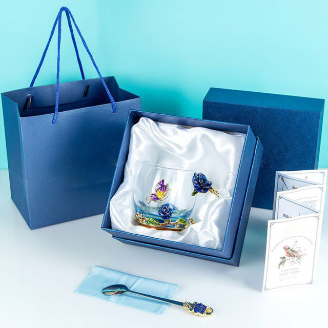 Blaue Rose, Emaille-Kristalltasse, Blumen-Teeglas, hochwertige Glastasse, Blumenbecher mit Handgriff, perfektes Geschenk für Liebhaber, Hochzeit