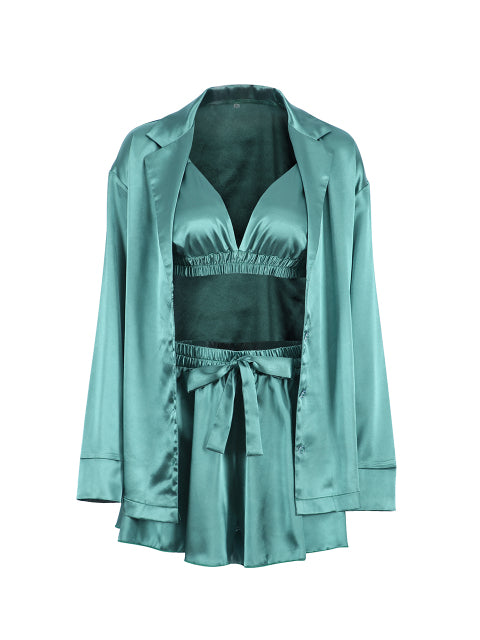 Champagne Bathrobes Set Woman 3 Pieces Ruched Robe Women&