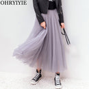 OHRYIYIE 2022 Herbst Winter Vintage Tüll Rock Frauen Elastische Hohe Taille Mesh Röcke Lange Plissee Tutu Rock Weibliche Jupe Longue