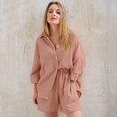 HiLoc Lässige Nachtwäsche Baumwolle Pyjamas für Damen Sets Anzug Umlegekragen Neunviertel Ärmel Schlafoberteile Shorts Damen Homewear
