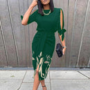 Frauen Sexy aushöhlen Kurzarm Partykleid Frauen elegante O-Ausschnitt Falten knielanges Kleid lässig Schnürung Femme figurbetontes Kleid