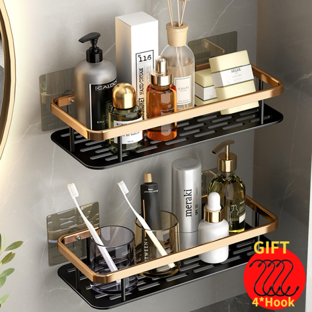 Luxury Bathroom Shelves Without Drilling RustProof Aluminum Shower Wall Shelf Shampoo Towel Holder Bathroom Organizer Accessorie