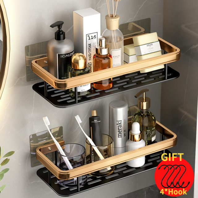 Luxury Bathroom Shelves Without Drilling RustProof Aluminum Shower Wall Shelf Shampoo Towel Holder Bathroom Organizer Accessorie