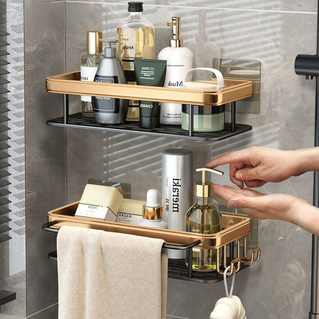 Estantes de baño de lujo sin perforar, estante de pared de ducha de aluminio a prueba de herrumbre, toallero para champú, accesorio organizador de baño