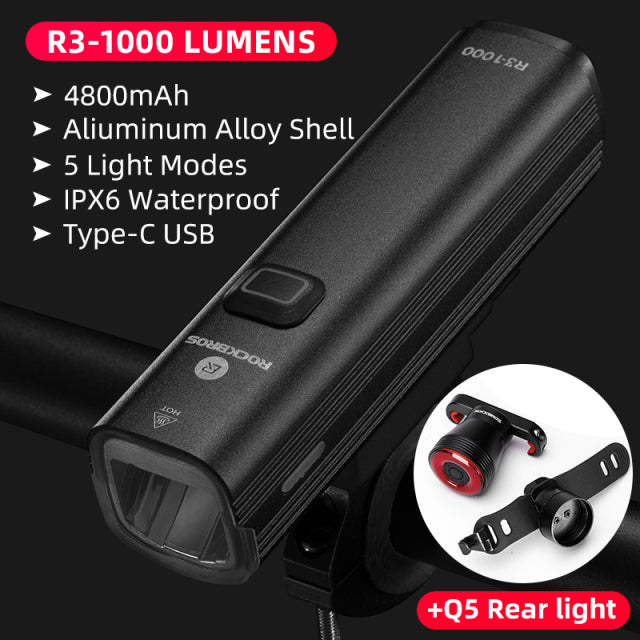 ROCKBROS 1000LM Fahrradlicht Frontlampe USB Wiederaufladbare LED 4800mAh Fahrradlicht Wasserdichter Scheinwerfer Fahrradzubehör