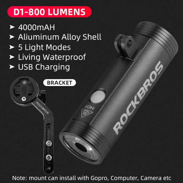 ROCKBROS 1000LM Luz de bicicleta Lámpara delantera USB recargable LED 4800mAh Luz de bicicleta Faro impermeable Accesorios de bicicleta