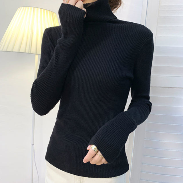 Zoki nuevo 2022 suéter de cuello alto para mujer otoño manga larga ajustado elástico coreano Simple básico barato Jersey Color sólido Top