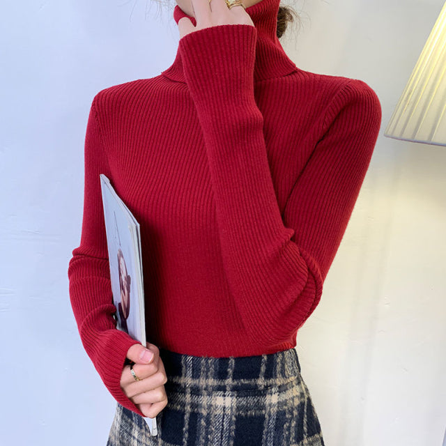 Zoki nuevo 2022 suéter de cuello alto para mujer otoño manga larga ajustado elástico coreano Simple básico barato Jersey Color sólido Top