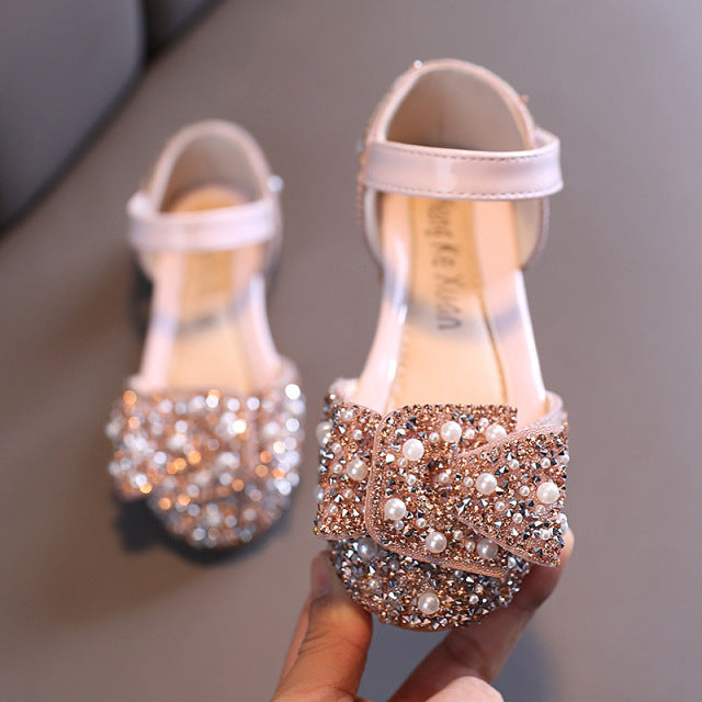 2022 New Childrens Shoes Pearl Rhinestones Shining Kids Princess Shoes Baby Girls Shoes For Party and Wedding D487