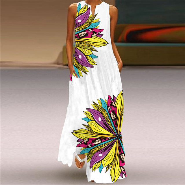 Women Plus Size Dress 5XL Sexy V Neck Floral Leaves Print Boho Beach Dress Pockets A Line Loose Chiffon Long Maxi Party Dresses