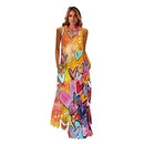 MOVOKAKA Frühlings-Sommer-Druck-langes Kleid-Frauen-Strand-Feiertags-beiläufige Mode-elegante Kleider-Partei-ärmellose V-Ausschnitt-Maxi-Kleider
