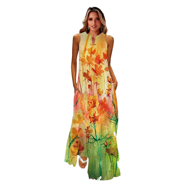 MOVOKAKA Frühlings-Sommer-Druck-langes Kleid-Frauen-Strand-Feiertags-beiläufige Mode-elegante Kleider-Partei-ärmellose V-Ausschnitt-Maxi-Kleider