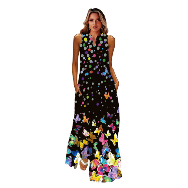 MOVOKAKA Spring Summer Print Long Dress Women Beach Holiday Casual Fashion Elegant Dresses Party Sleeveless V Neck Maxi Dresses