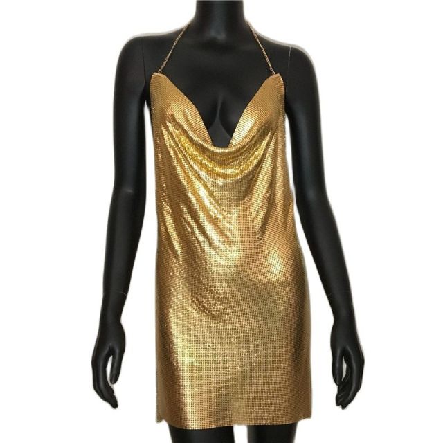 2022 Sexy Clubwear Backless Pailletten Kurzes Kleid Für Frauen Cocktail Metallic Split Mesh Harness Body Chain Club Low Cut Minikleid