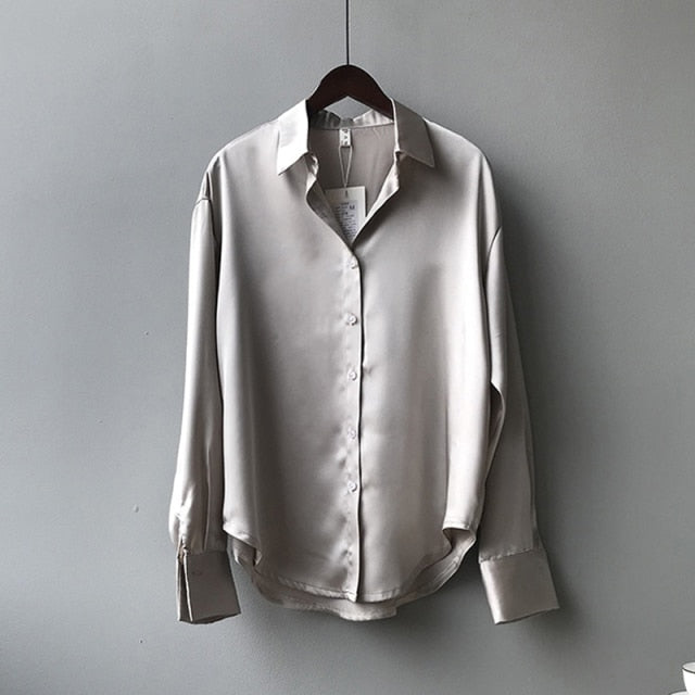 Seda coreana Oficina señoras elegante camisa blusa mujer moda botón arriba satén camisa Vintage blanco manga larga camisas Tops 11355