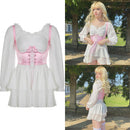 IAMHOTTY Chiffon Slash Neck Minikleid Damen Sommer Strand Urlaub Langarm Korsett Verband Sommerkleid Party Casual Kleider Pink