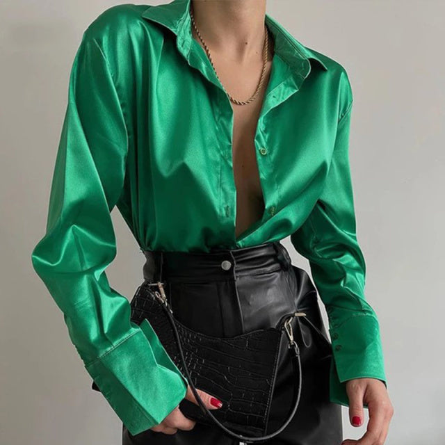 Mujeres 2022 elegante satén sólido blusas de manga larga mujer Chic Vintage azul verde Casual suelta ajuste botones abajo camisas Tops