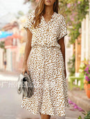 Vestido de lunares de verano 2021, vestido camisero con estampado de leopardo para mujer, bohemio, de longitud media, cintura alta, ropa de playa, vacaciones, verano