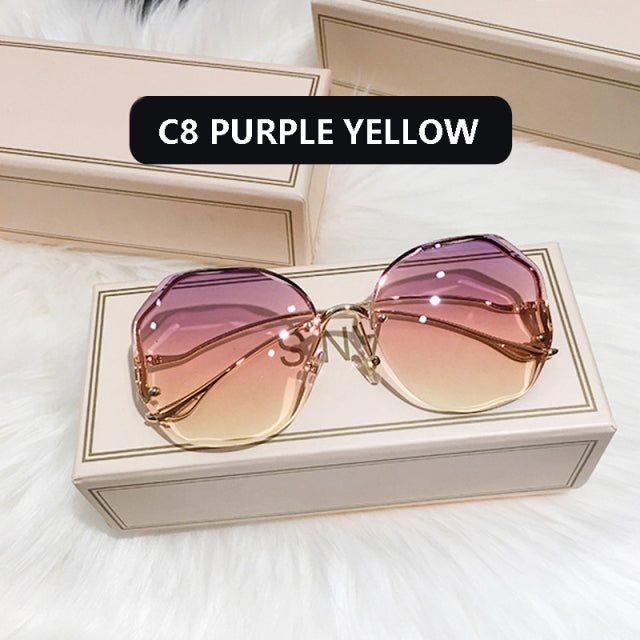 2022  Fashion Tea Gradient Sunglasses Women Ocean Water Cut Trimmed Lens Metal Curved Temples Sun Glasses Female UV400