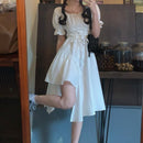 HOUZHOU vestido blanco de mujer otoño elegante Vintage Kawaii Puff manga Midi vestido cuello cuadrado vendaje vestido de verano trajes góticos