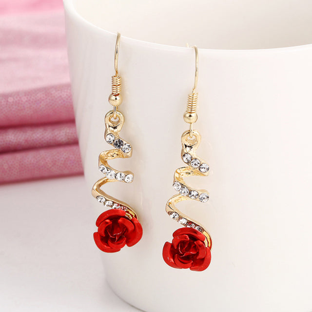 2022 Fashion Jewelry Ethnic Red Rose Drop Earrings Big Rhinestone Earrings Vintage For Women Rose Gold Spiral Dangle Earring