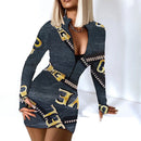 Sexy Langarm Bodycon Minikleid Frauen Herbst 2021 Mode Tiefem V-Ausschnitt Print Club Outfits Party Kleider Casual Robe Femme