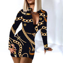 Sexy Langarm Bodycon Minikleid Frauen Herbst 2021 Mode Tiefem V-Ausschnitt Print Club Outfits Party Kleider Casual Robe Femme