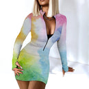 Sexy Langarm Bodycon Minikleid Frauen Herbst 2021 Mode Tiefem V-Ausschnitt Print Club Outfits Party Kleider Casual Robe Femme