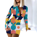 Sexy Langarm Bodycon Minikleid Frauen Herbst 2021 Mode Tiefem V-Ausschnitt Print Club Outfits Party Kleider Casual Robe Femme