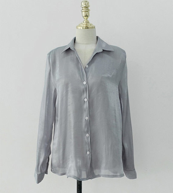 Herbst Button Up Satin Seidenhemd Vintage Bluse Frauen Frühlingsmode Weiße Dame Lange Ärmel Lose Tops Koreanische Straßenhemden