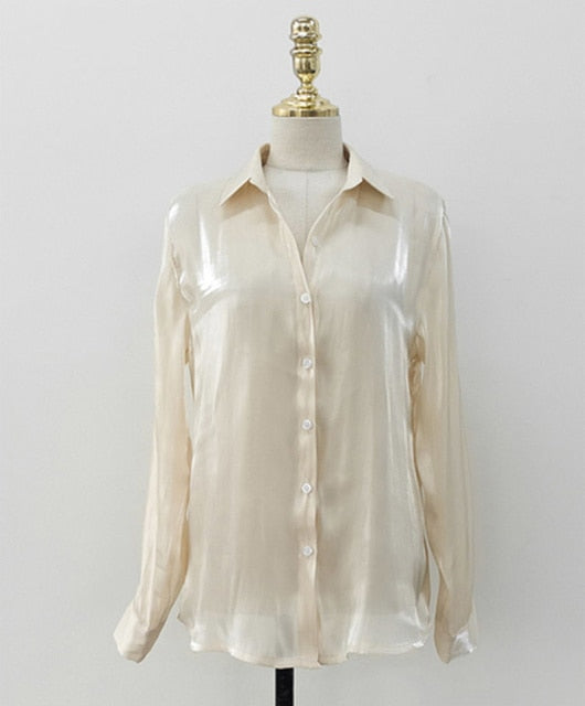 Autumn Button Up Satin Silk Shirt Vintage Blouse Women Spring Fashion White Lady Long Sleeves Loose Tops Korean Street Shirts
