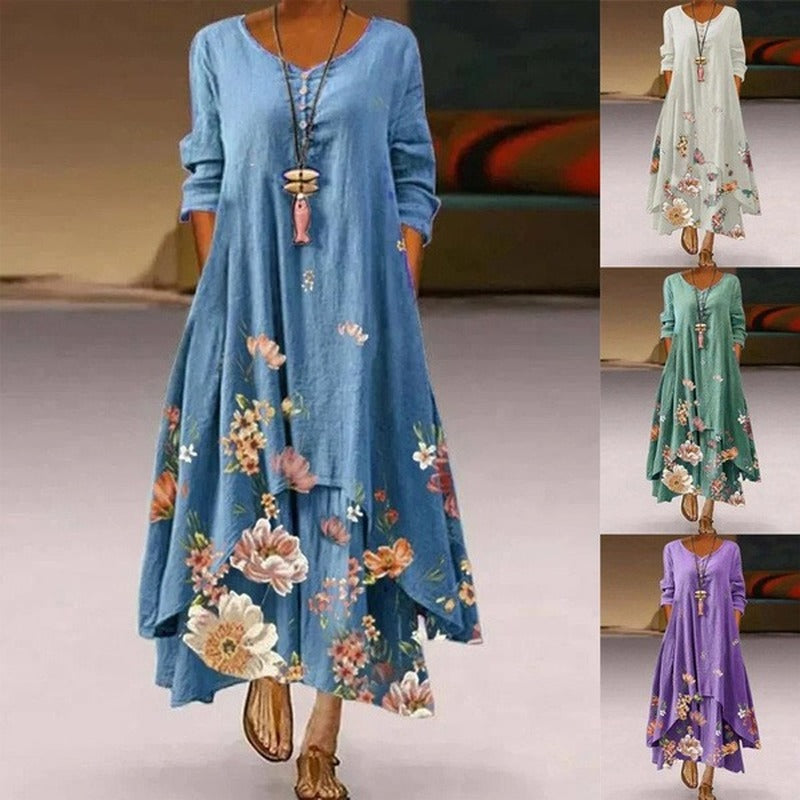 Elegant Women Maxi Dress 2022 Spring Summer Floral Print Long Dresses Casual Long Sleeve  Irregular Hem Plus Size Dress Vestidos