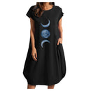 Frauen Casual O-Ausschnitt Kurzarm Mitte Waden Sommerkleid mit Tasche Denim Basic Festes Kleid Strandparty Loses Kleid Urlaub