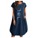 Frauen Casual O-Ausschnitt Kurzarm Mitte Waden Sommerkleid mit Tasche Denim Basic Festes Kleid Strandparty Loses Kleid Urlaub