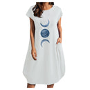 Frauen Casual O-Ausschnitt Kurzarm Mitte Waden Sommerkleid mit Tasche Denim Basic Festes Kleid Strandparty Loses Kleid Urlaub