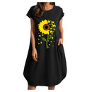 Frauen Casual O-Ausschnitt Kurzarm Mitte Waden Sommerkleid mit Tasche Denim Basic Festes Kleid Strandparty Loses Kleid Urlaub