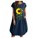 Frauen Casual O-Ausschnitt Kurzarm Mitte Waden Sommerkleid mit Tasche Denim Basic Festes Kleid Strandparty Loses Kleid Urlaub