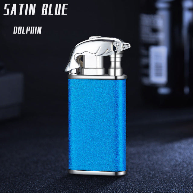New Blue Flame Metal Crocodile Dolphin Double Fire lighter creative Direct Windproof Open Fire Conversion Lighter, Man&