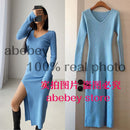 spring and winter sexy French slit sweater dress female slim tight-fitting hip-knit over-the-knee dresses