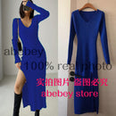 spring and winter sexy French slit sweater dress female slim tight-fitting hip-knit over-the-knee dresses