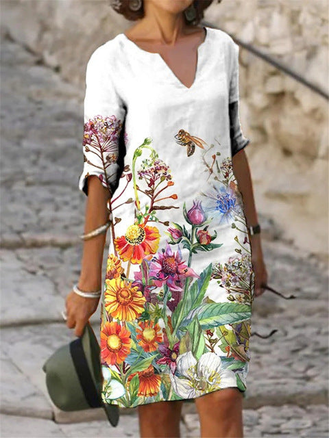 Frauen Elegantes Kleid Sommer Mode Lose V-Ausschnitt Halbarm A-Linie Kleid Sommerkleid Weibliche Vintage Print Midi Kleider Vestidos