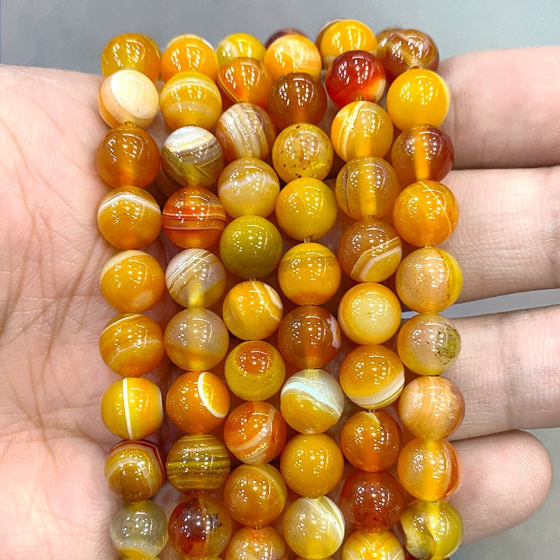 Cuentas redondas de ágata de ónix con rayas naranjas naturales, collar de pulsera Diy para accesorios de fabricación de joyas, hebra de 15 ", 4, 6, 8, 10, 12, 14MM